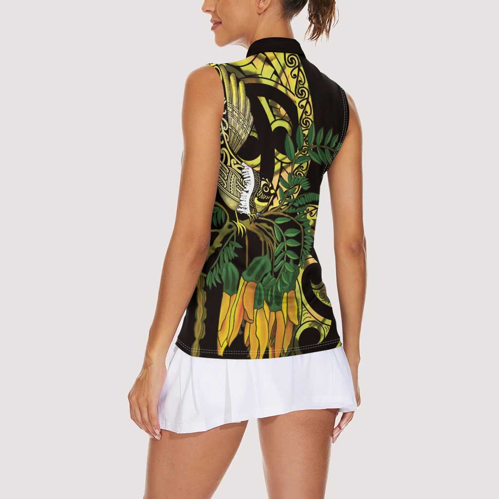 Yellow New Zealand Kowhai And Piwakawaka Women Sleeveless Polo Shirt Maori Ngaru Paua Shell