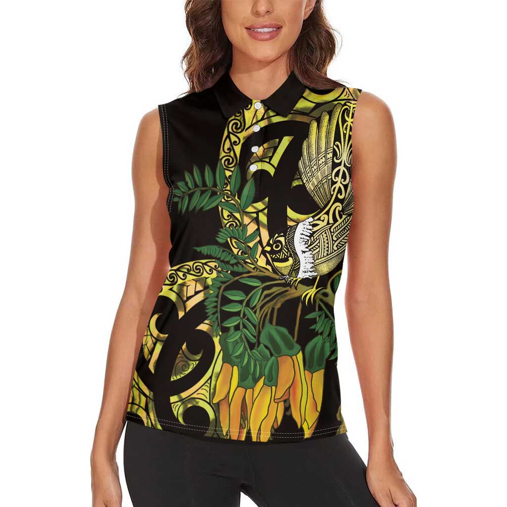 Yellow New Zealand Kowhai And Piwakawaka Women Sleeveless Polo Shirt Maori Ngaru Paua Shell