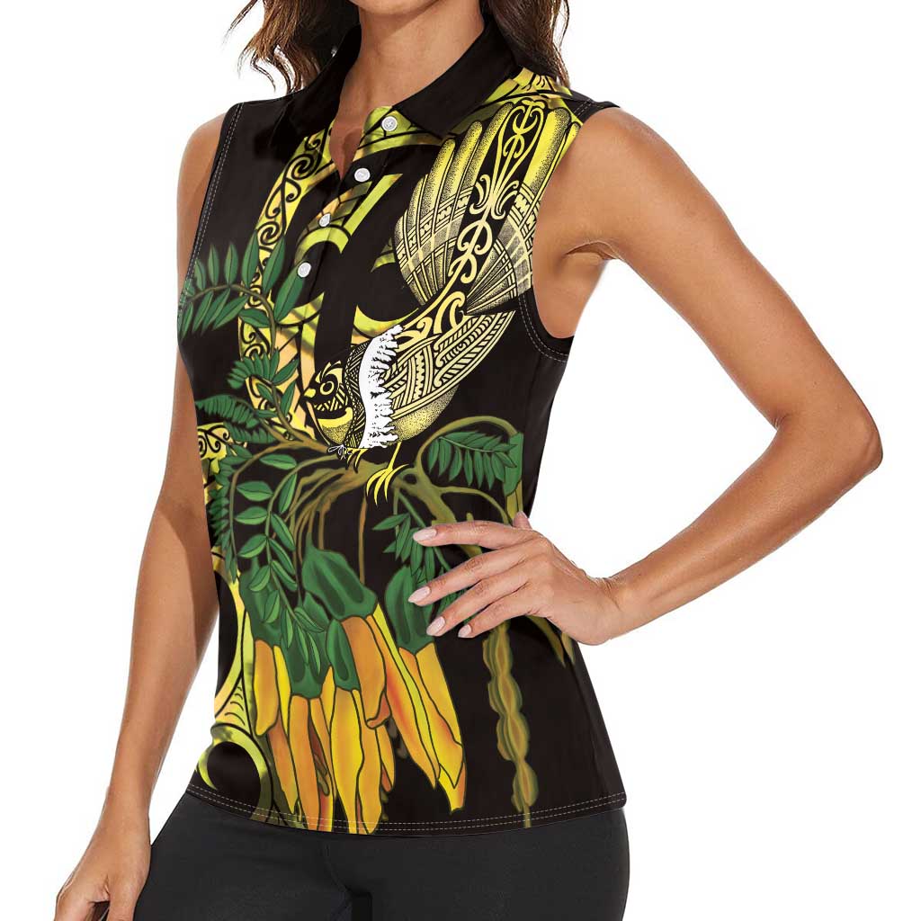 Yellow New Zealand Kowhai And Piwakawaka Women Sleeveless Polo Shirt Maori Ngaru Paua Shell