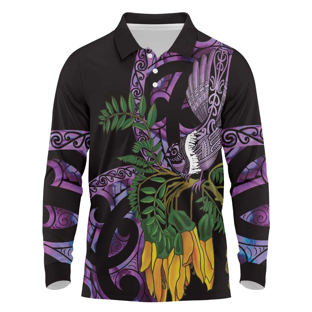 Purple New Zealand Kowhai And Piwakawaka Long Sleeve Polo Shirt Maori Ngaru Paua Shell