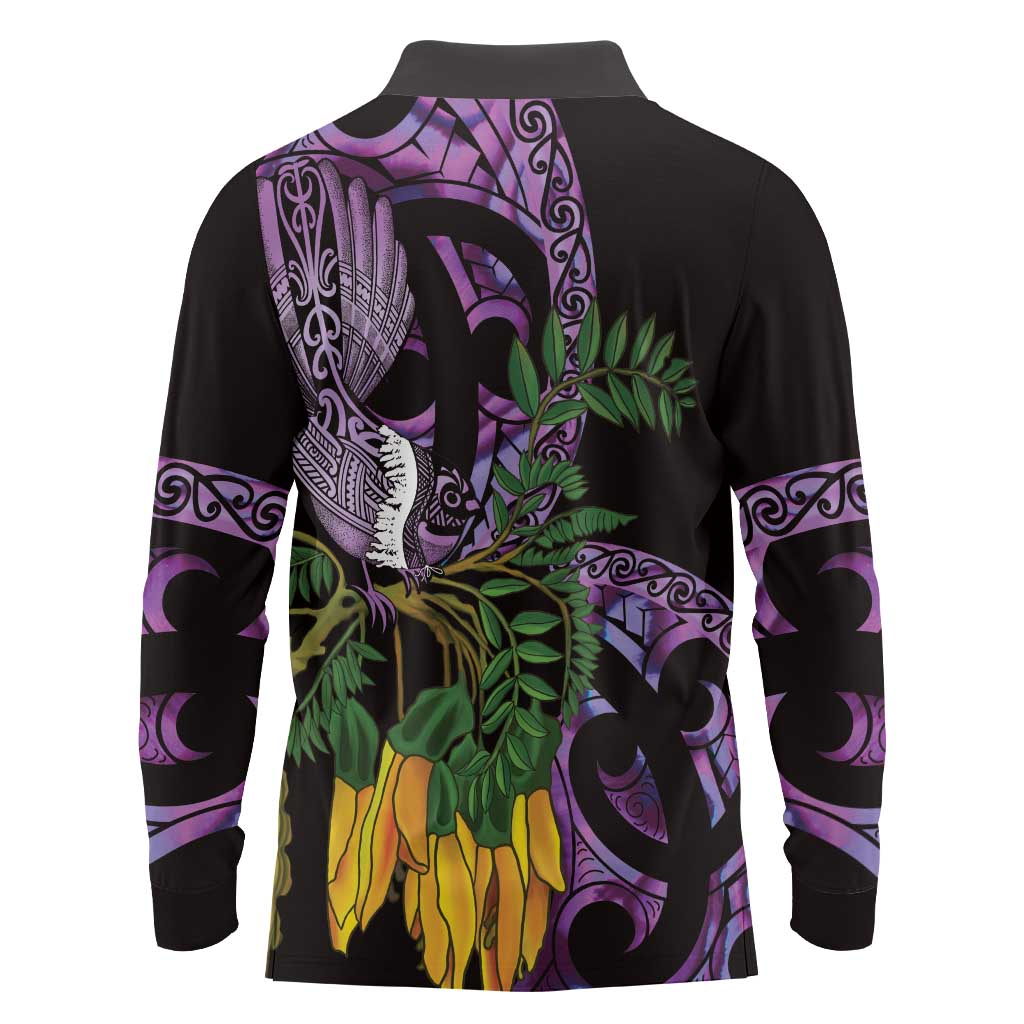 Purple New Zealand Kowhai And Piwakawaka Long Sleeve Polo Shirt Maori Ngaru Paua Shell