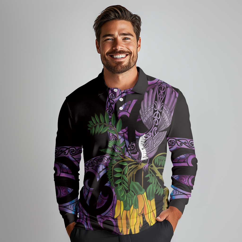 Purple New Zealand Kowhai And Piwakawaka Long Sleeve Polo Shirt Maori Ngaru Paua Shell