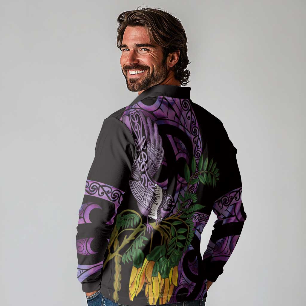 Purple New Zealand Kowhai And Piwakawaka Long Sleeve Polo Shirt Maori Ngaru Paua Shell