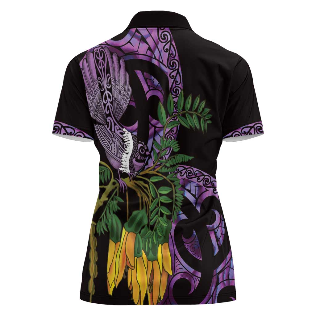 Purple New Zealand Kowhai And Piwakawaka Women Polo Shirt Maori Ngaru Paua Shell