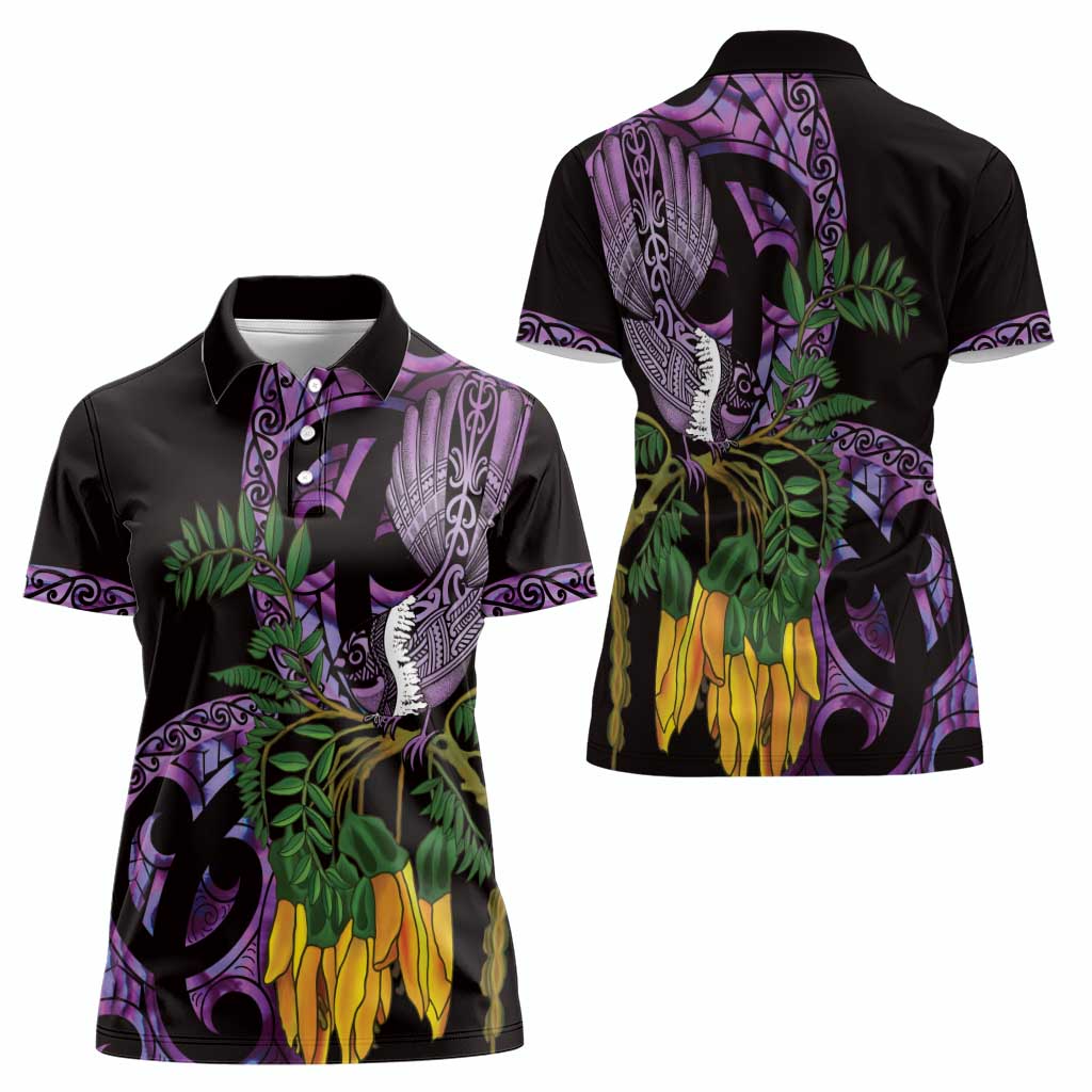 Purple New Zealand Kowhai And Piwakawaka Women Polo Shirt Maori Ngaru Paua Shell