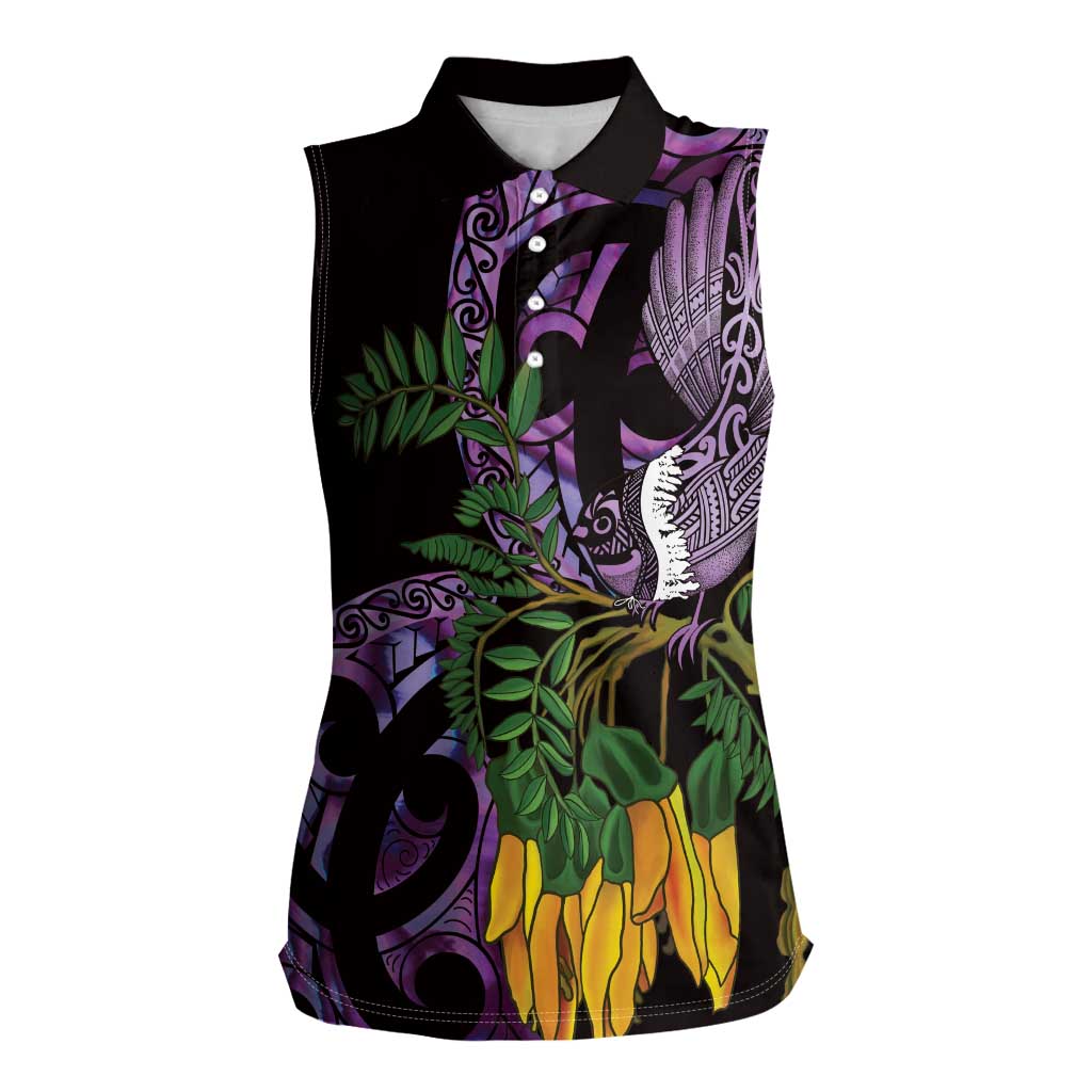 Purple New Zealand Kowhai And Piwakawaka Women Sleeveless Polo Shirt Maori Ngaru Paua Shell