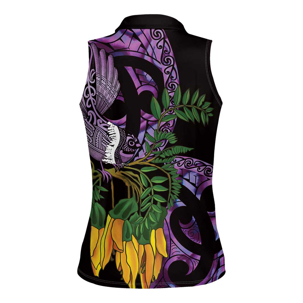 Purple New Zealand Kowhai And Piwakawaka Women Sleeveless Polo Shirt Maori Ngaru Paua Shell