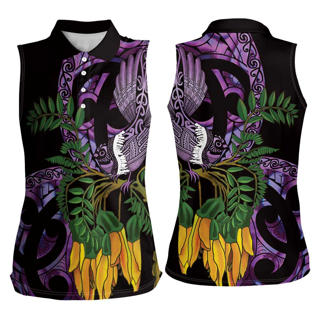 Purple New Zealand Kowhai And Piwakawaka Women Sleeveless Polo Shirt Maori Ngaru Paua Shell