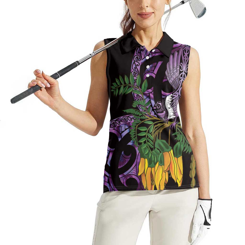 Purple New Zealand Kowhai And Piwakawaka Women Sleeveless Polo Shirt Maori Ngaru Paua Shell