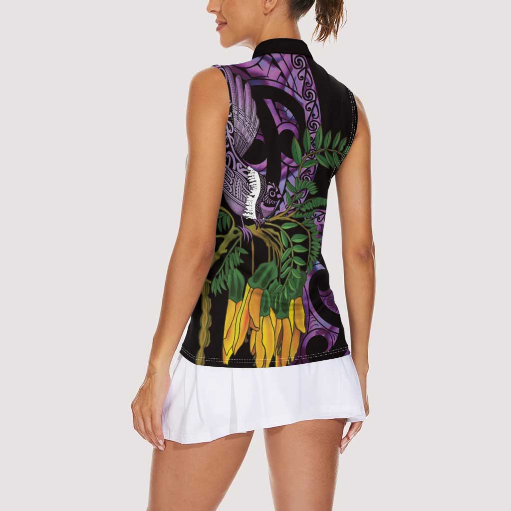 Purple New Zealand Kowhai And Piwakawaka Women Sleeveless Polo Shirt Maori Ngaru Paua Shell