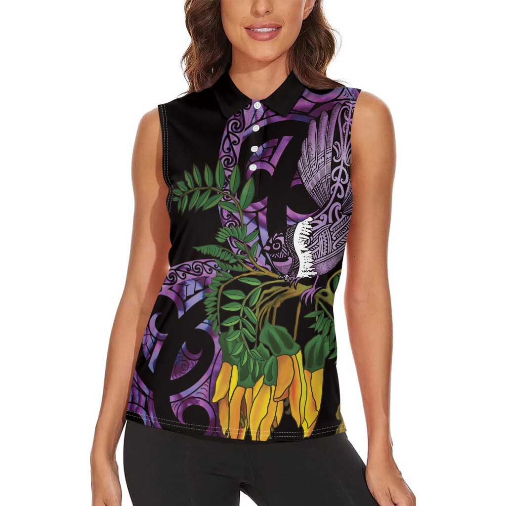 Purple New Zealand Kowhai And Piwakawaka Women Sleeveless Polo Shirt Maori Ngaru Paua Shell