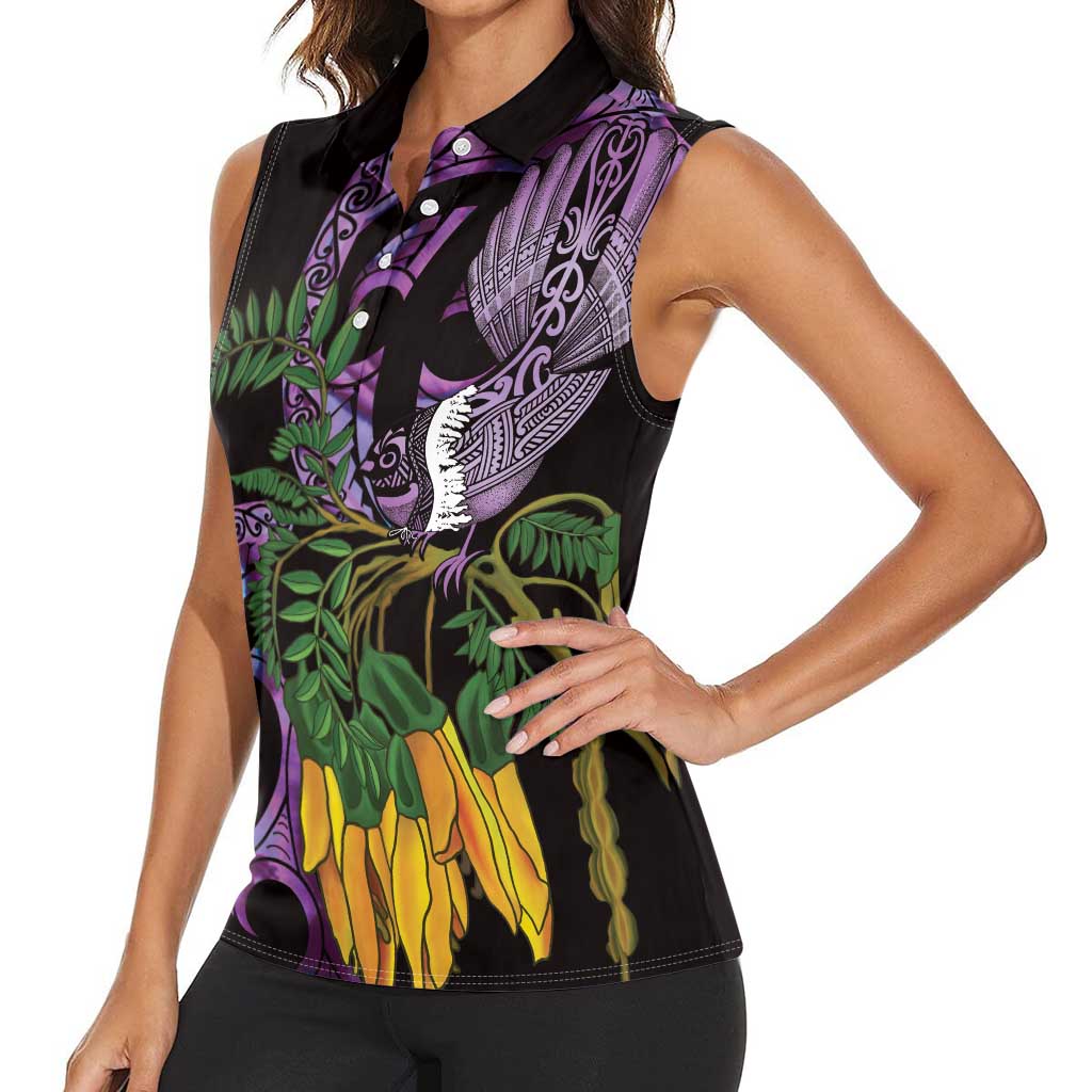 Purple New Zealand Kowhai And Piwakawaka Women Sleeveless Polo Shirt Maori Ngaru Paua Shell