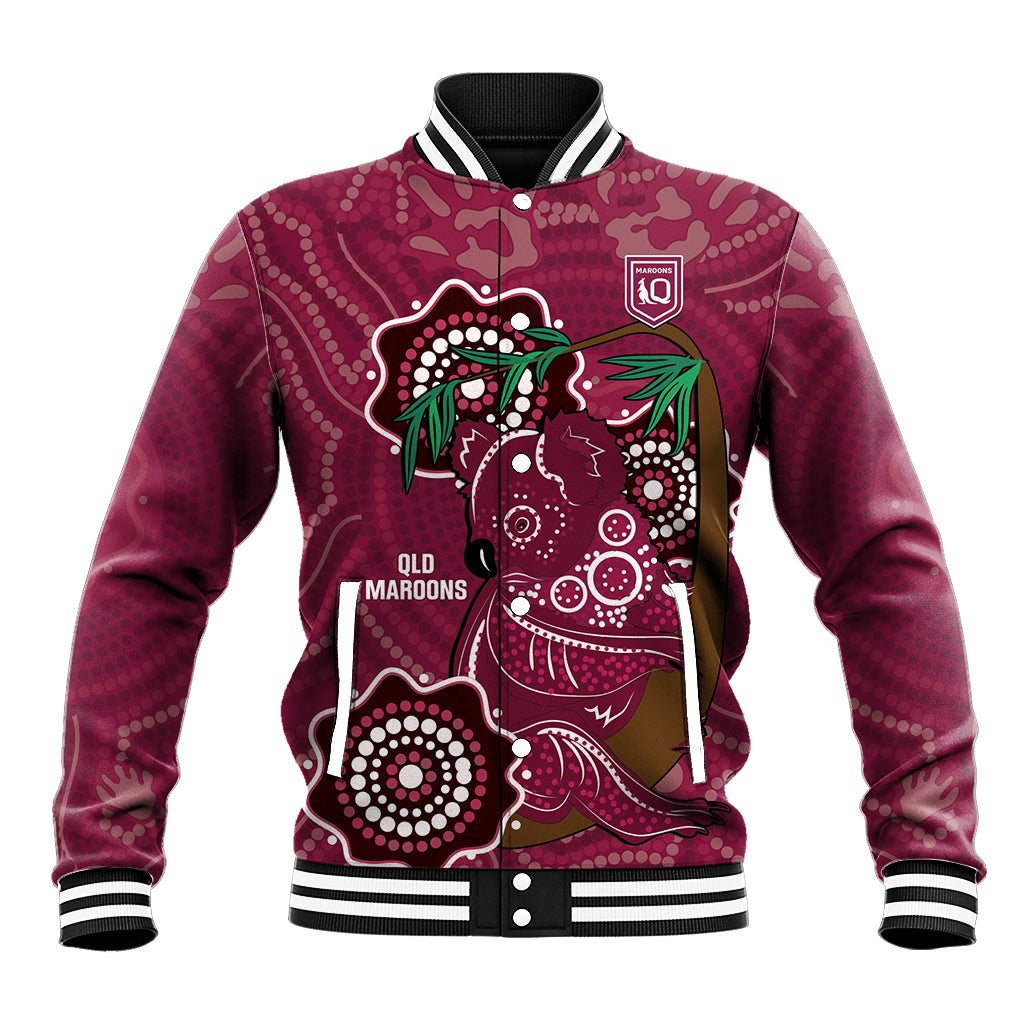 Custom Queensland Maroons Rugby Baseball Jacket 2024 Koala Mix Aboriginal Art