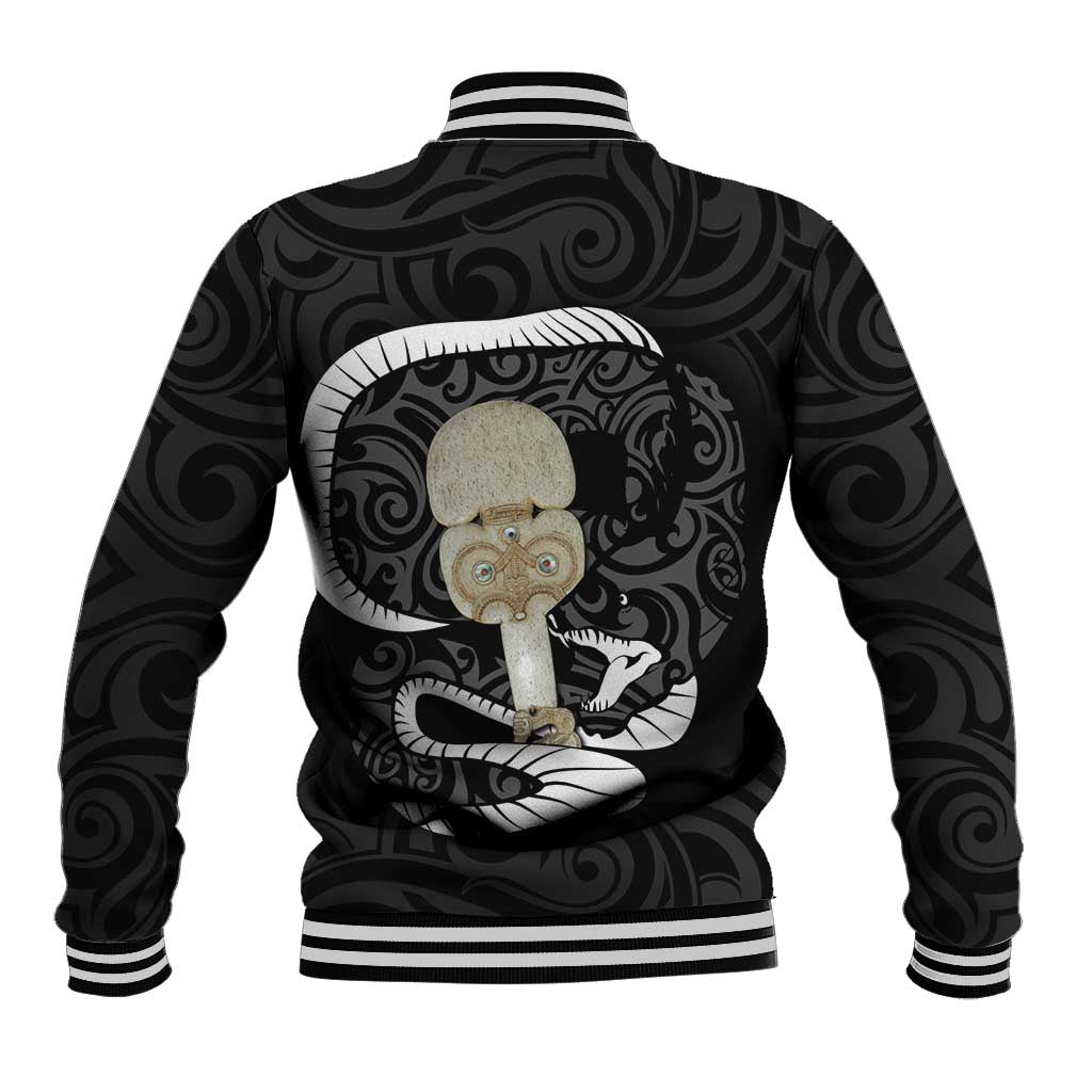 Black New Zealand Eel Baseball Jacket Aotearoa Maori Tuna With Kotiate Weapon