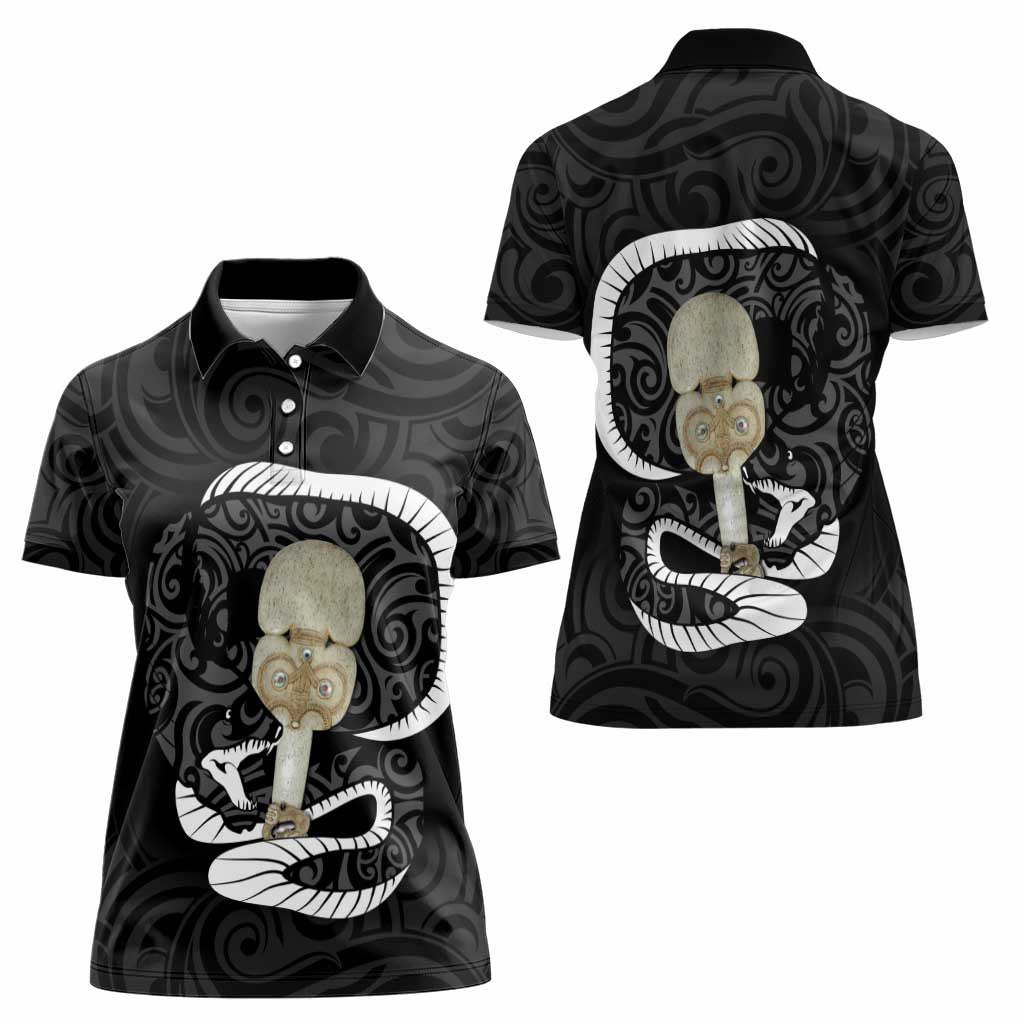 Black New Zealand Eel Women Polo Shirt Aotearoa Maori Tuna With Kotiate Weapon