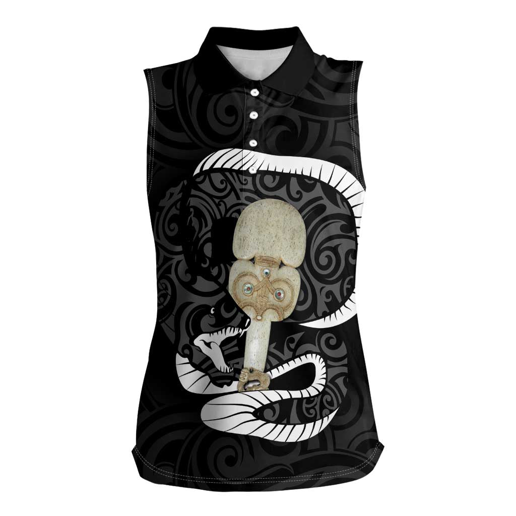 Black New Zealand Eel Women Sleeveless Polo Shirt Aotearoa Maori Tuna With Kotiate Weapon