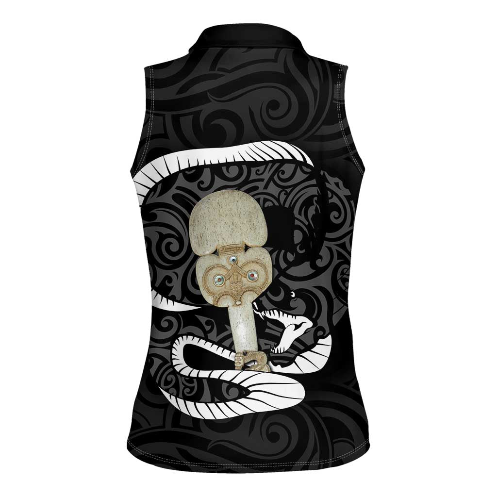 Black New Zealand Eel Women Sleeveless Polo Shirt Aotearoa Maori Tuna With Kotiate Weapon