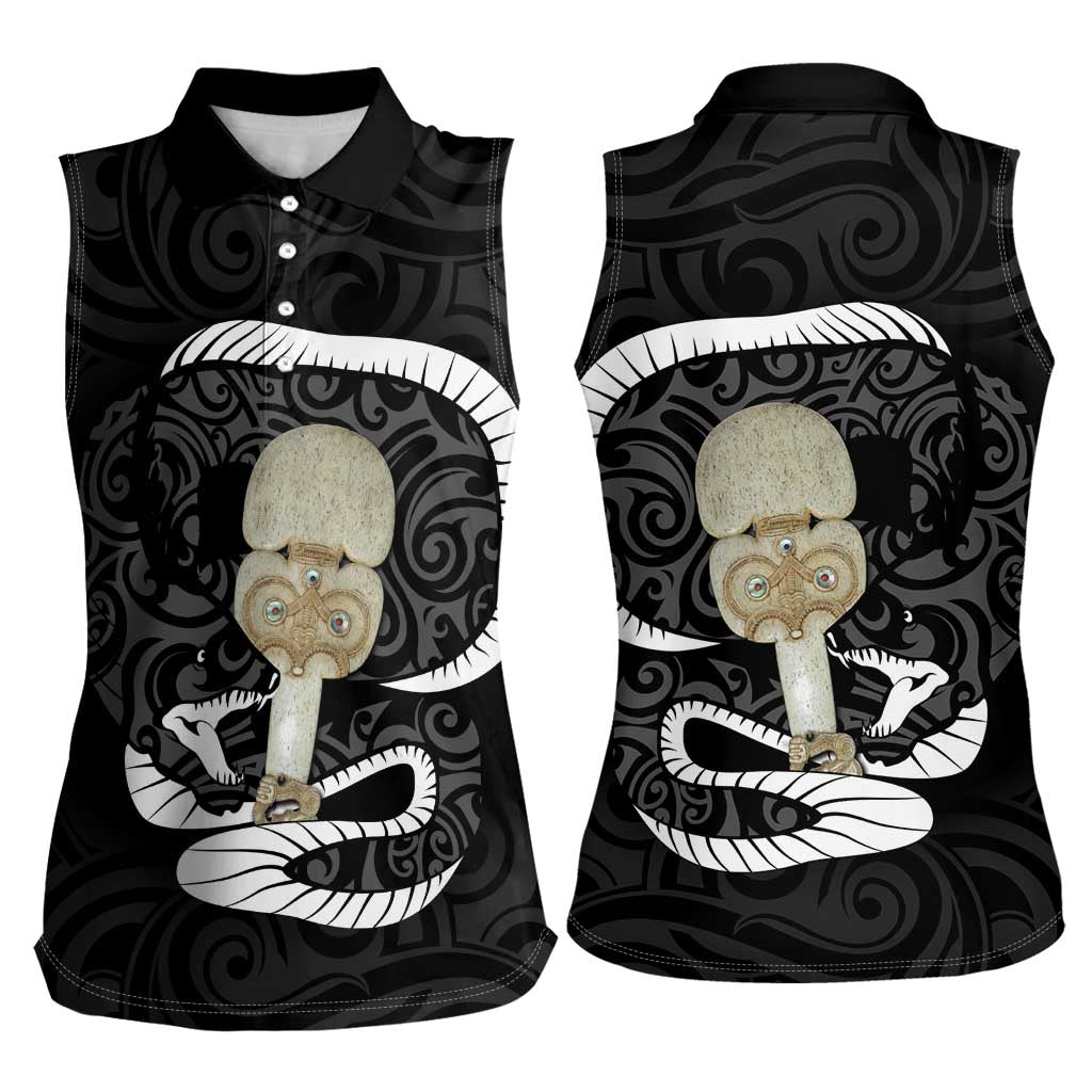 Black New Zealand Eel Women Sleeveless Polo Shirt Aotearoa Maori Tuna With Kotiate Weapon