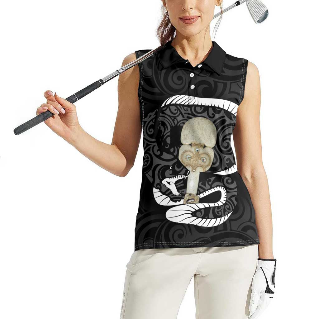 Black New Zealand Eel Women Sleeveless Polo Shirt Aotearoa Maori Tuna With Kotiate Weapon