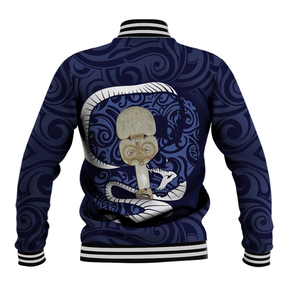 Blue New Zealand Eel Baseball Jacket Aotearoa Maori Tuna With Kotiate Weapon