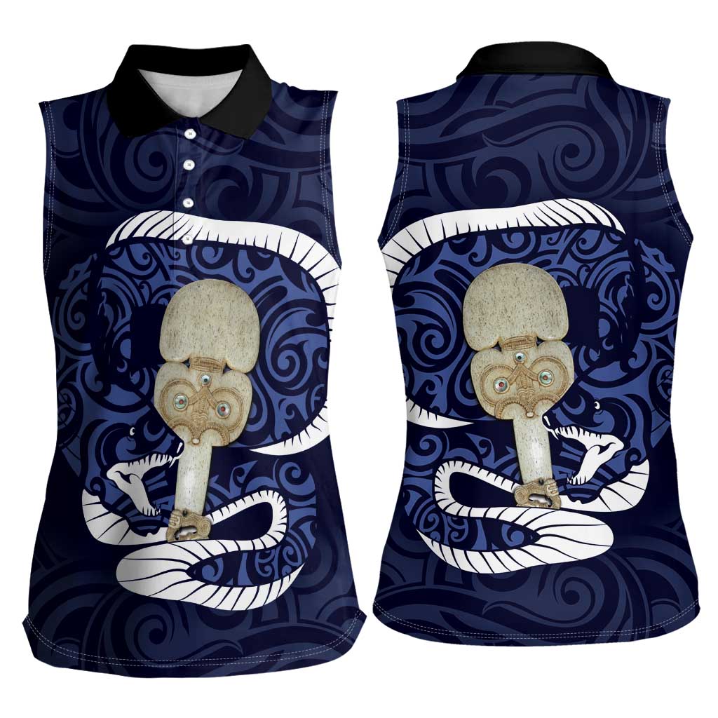 Blue New Zealand Eel Women Sleeveless Polo Shirt Aotearoa Maori Tuna With Kotiate Weapon