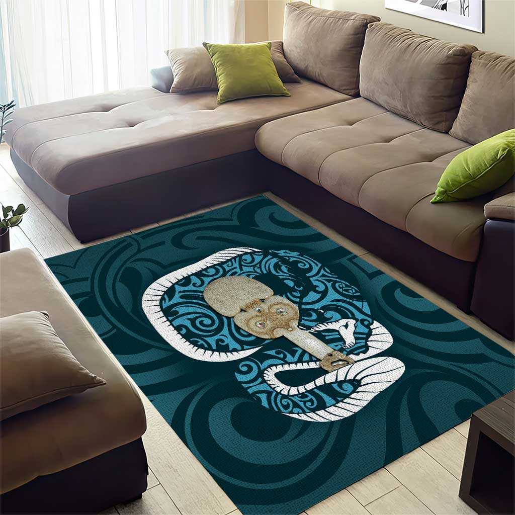 Turquoise New Zealand Eel Area Rug Aotearoa Maori Tuna With Kotiate Weapon