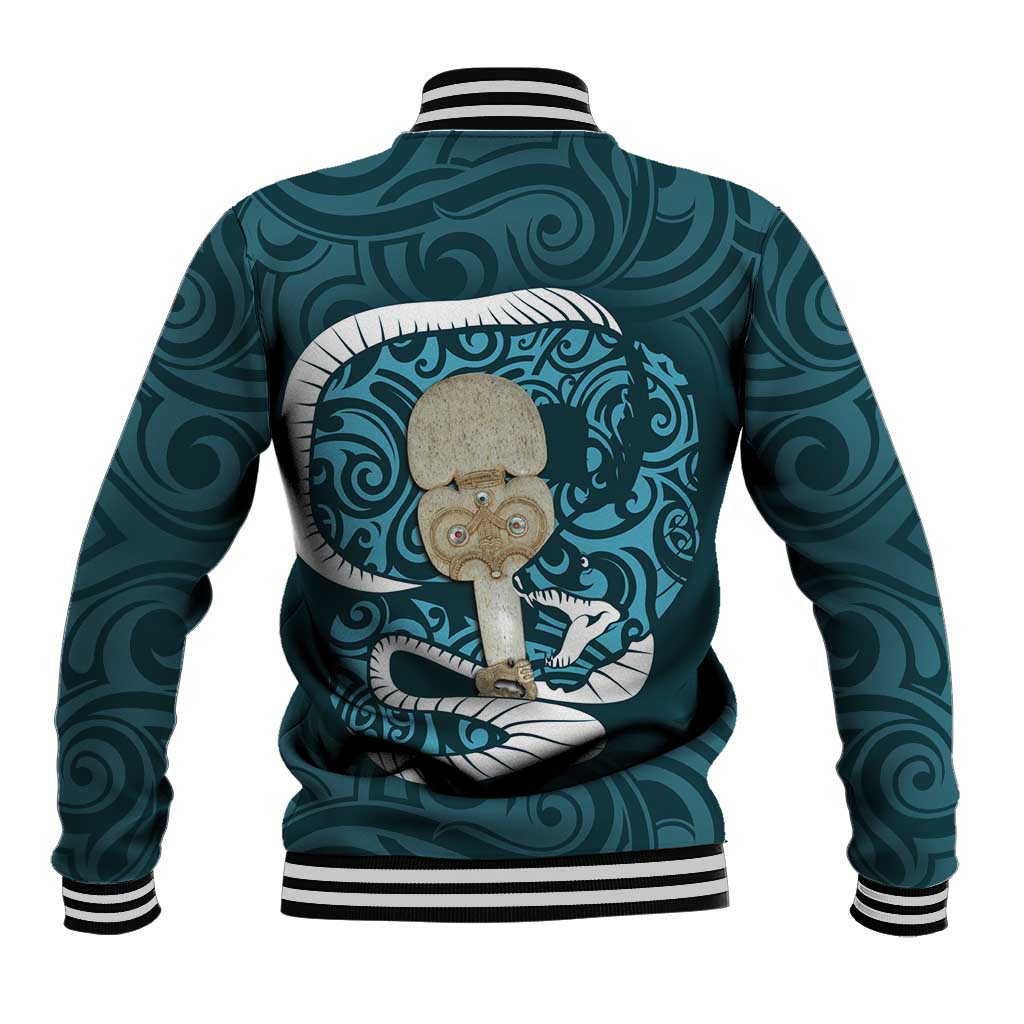 Turquoise New Zealand Eel Baseball Jacket Aotearoa Maori Tuna With Kotiate Weapon