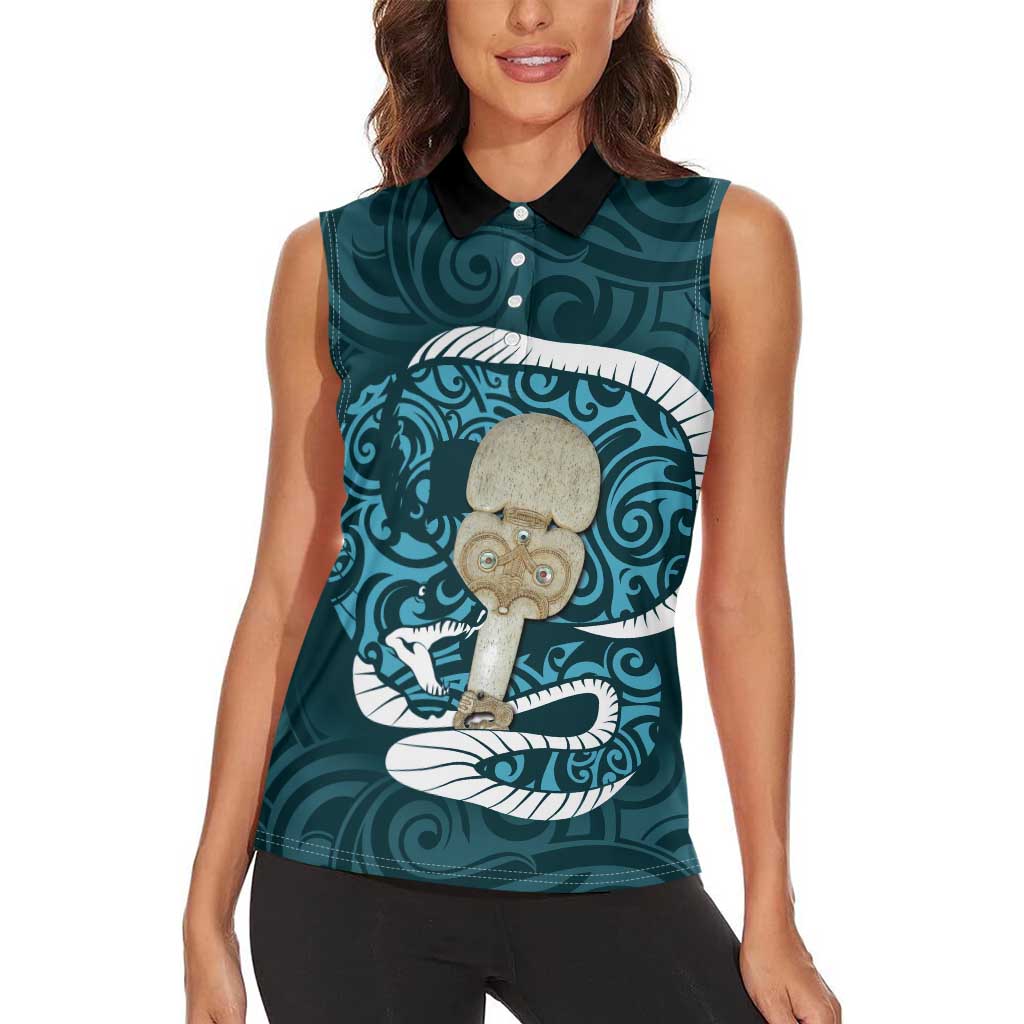 Turquoise New Zealand Eel Women Sleeveless Polo Shirt Aotearoa Maori Tuna With Kotiate Weapon