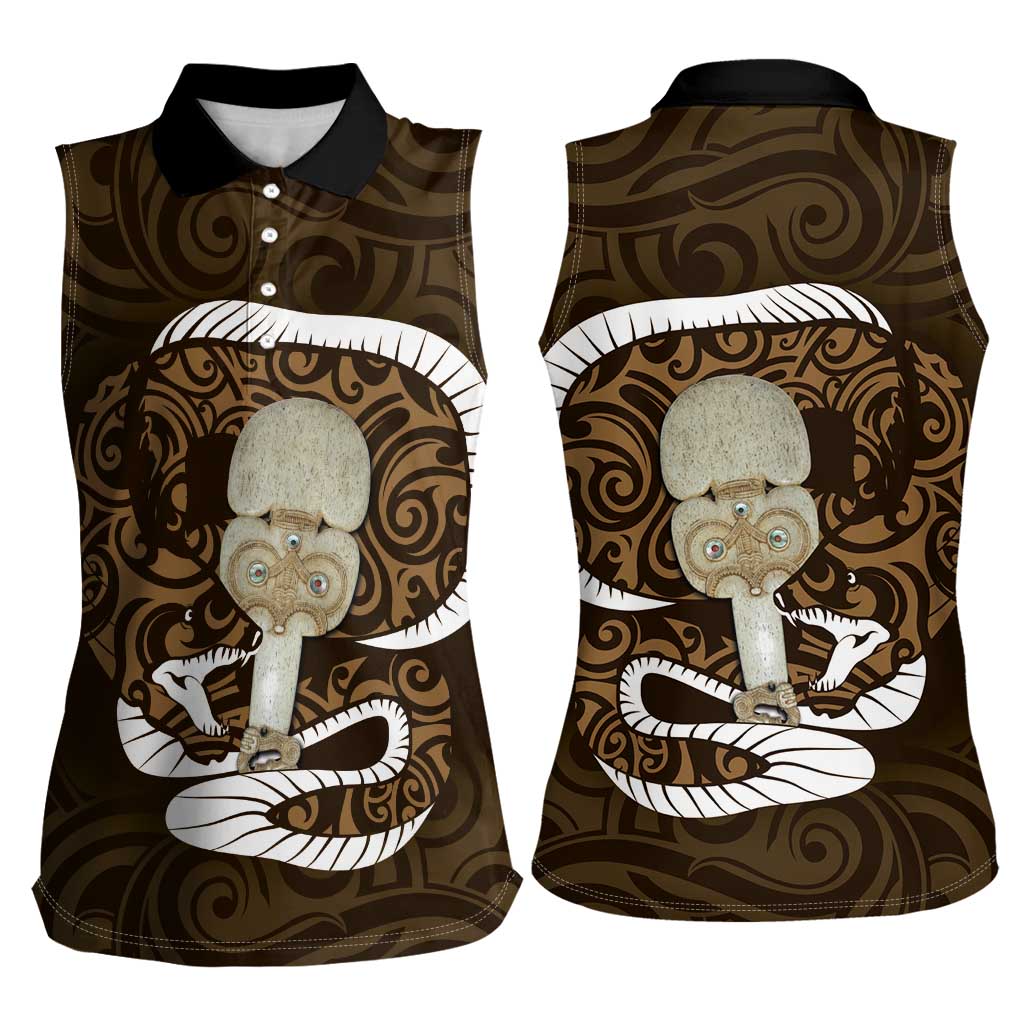 Gold New Zealand Eel Women Sleeveless Polo Shirt Aotearoa Maori Tuna With Kotiate Weapon