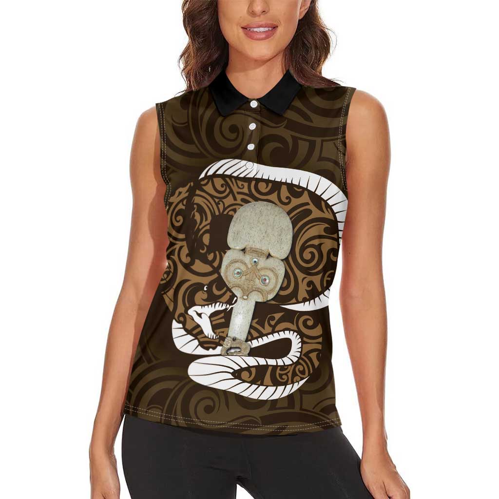 Gold New Zealand Eel Women Sleeveless Polo Shirt Aotearoa Maori Tuna With Kotiate Weapon