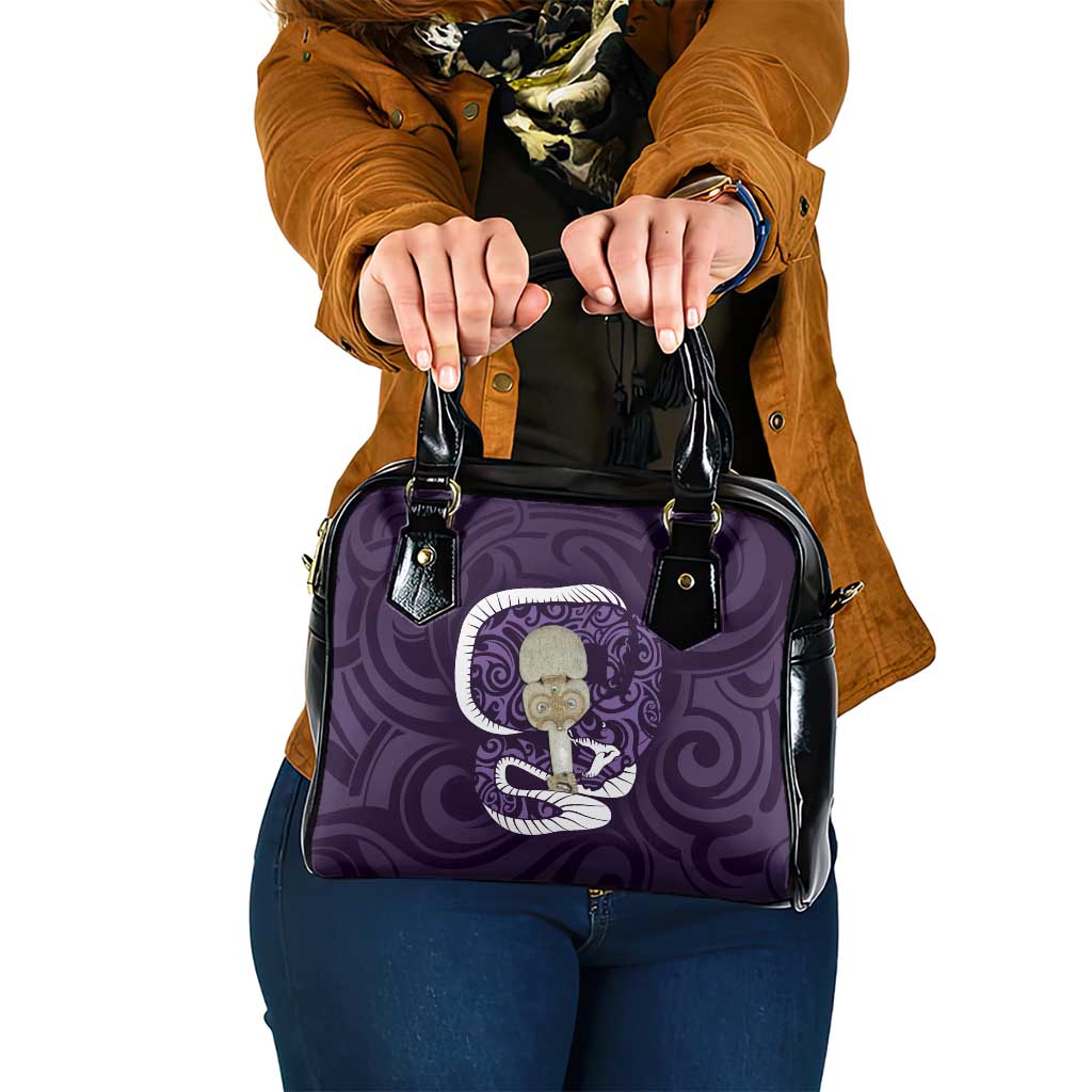 Purple New Zealand Eel Shoulder Handbag Aotearoa Maori Tuna With Kotiate Weapon