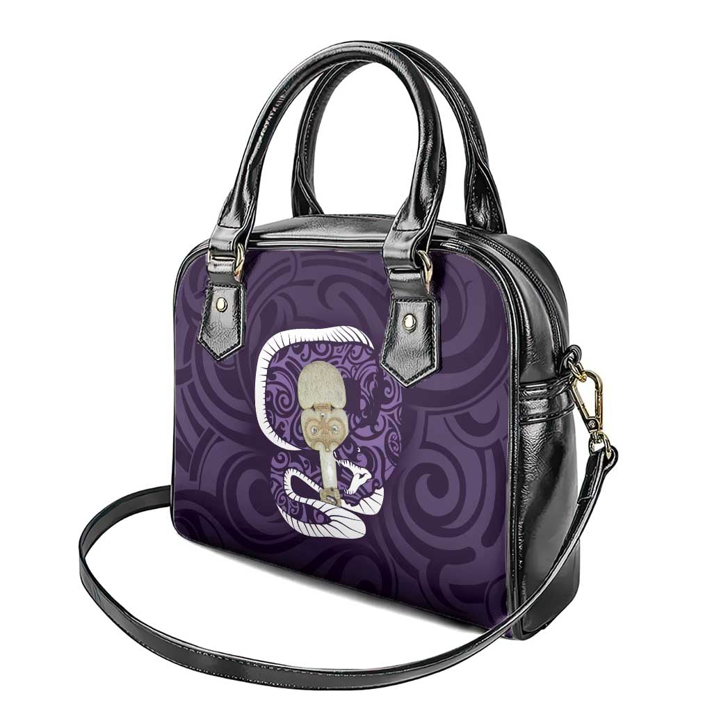 Purple New Zealand Eel Shoulder Handbag Aotearoa Maori Tuna With Kotiate Weapon