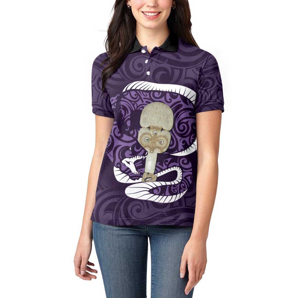 Purple New Zealand Eel Women Polo Shirt Aotearoa Maori Tuna With Kotiate Weapon