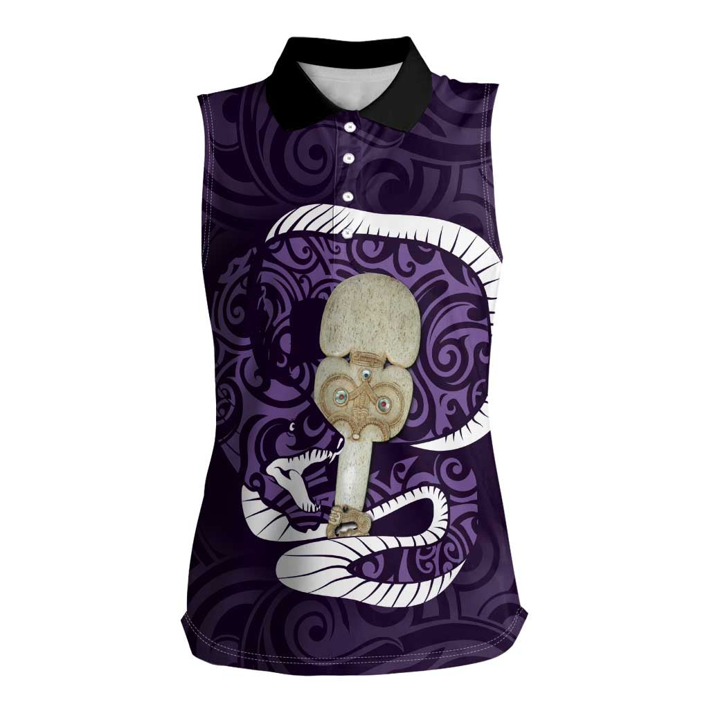 Purple New Zealand Eel Women Sleeveless Polo Shirt Aotearoa Maori Tuna With Kotiate Weapon