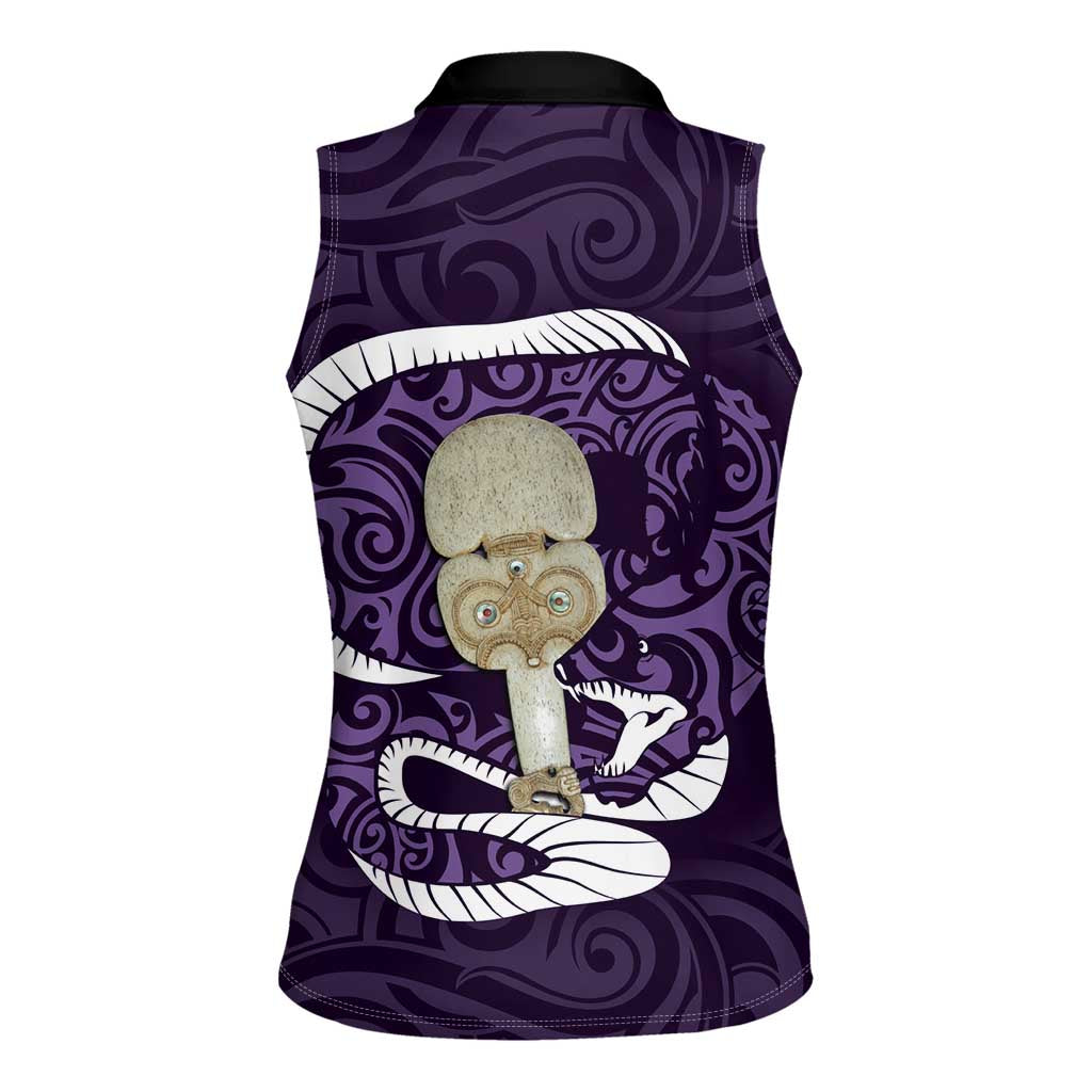 Purple New Zealand Eel Women Sleeveless Polo Shirt Aotearoa Maori Tuna With Kotiate Weapon