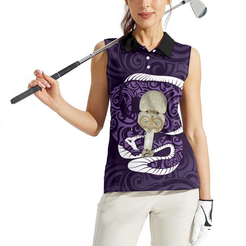 Purple New Zealand Eel Women Sleeveless Polo Shirt Aotearoa Maori Tuna With Kotiate Weapon