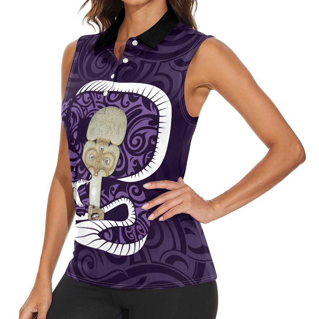 Purple New Zealand Eel Women Sleeveless Polo Shirt Aotearoa Maori Tuna With Kotiate Weapon