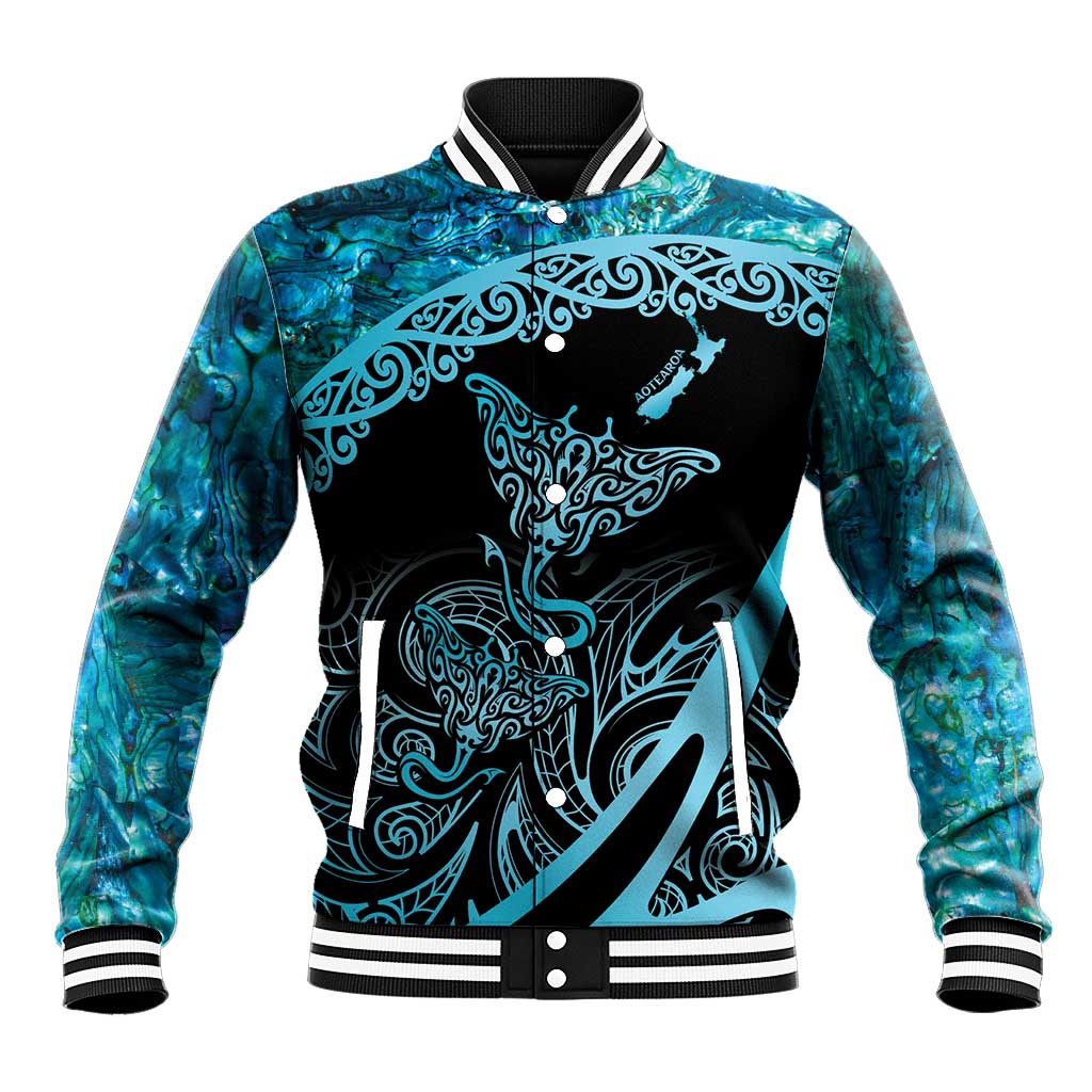 New Zealand Stingray Baseball Jacket Aotearoa Whai With Maori Paua Shell