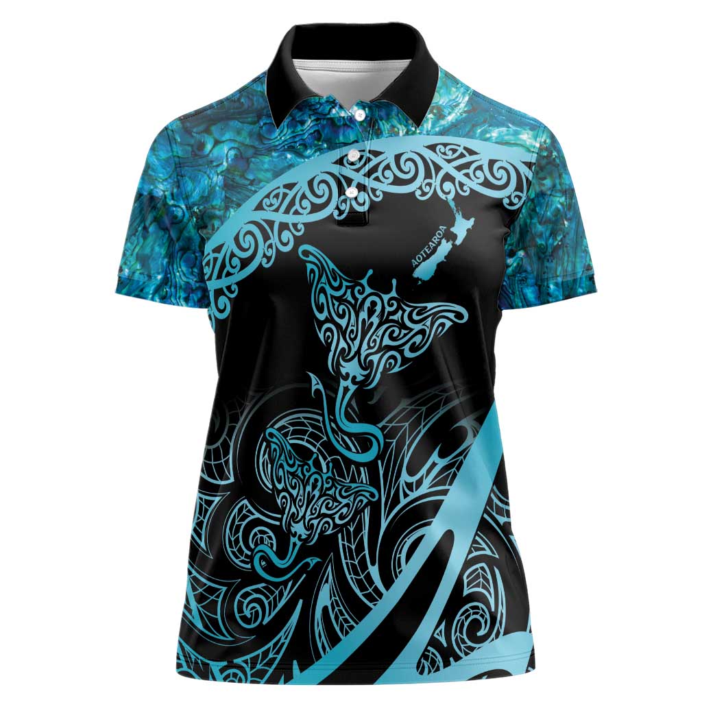 New Zealand Stingray Women Polo Shirt Aotearoa Whai With Maori Paua Shell