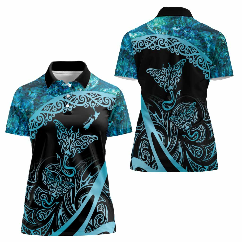 New Zealand Stingray Women Polo Shirt Aotearoa Whai With Maori Paua Shell