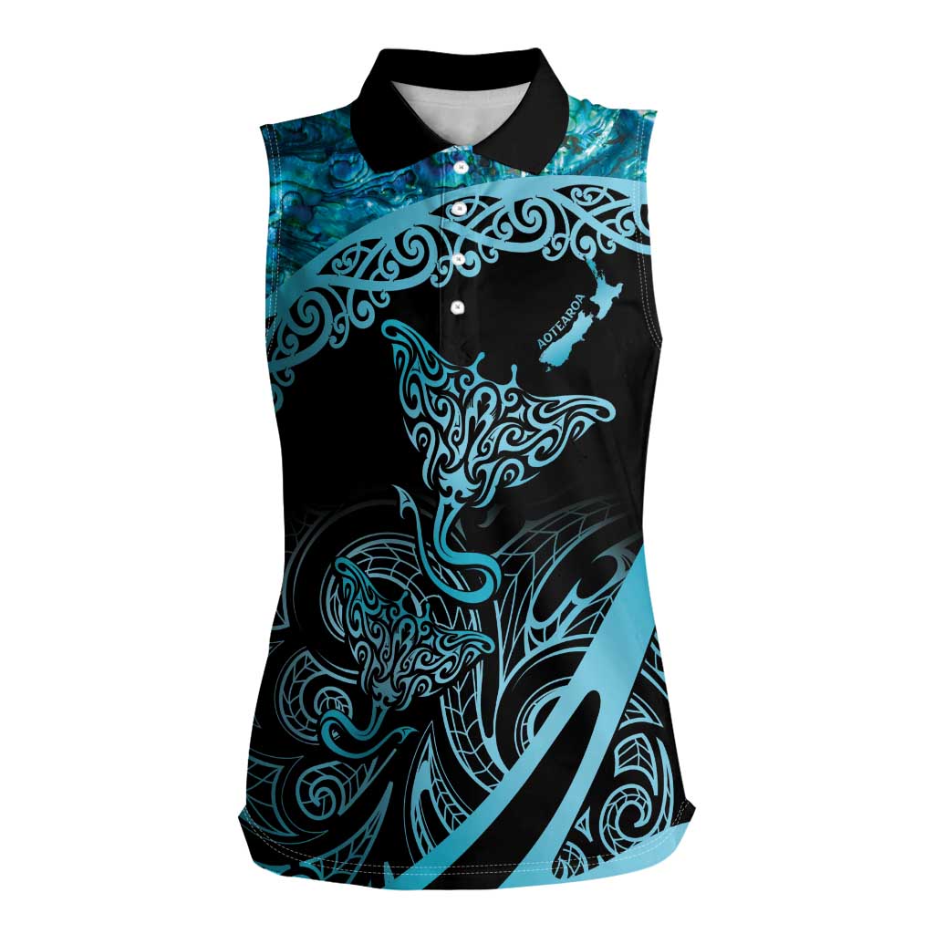 New Zealand Stingray Women Sleeveless Polo Shirt Aotearoa Whai With Maori Paua Shell