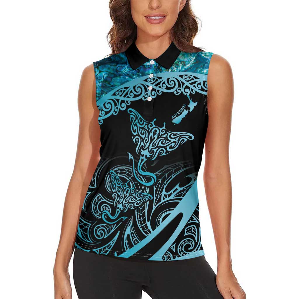 New Zealand Stingray Women Sleeveless Polo Shirt Aotearoa Whai With Maori Paua Shell