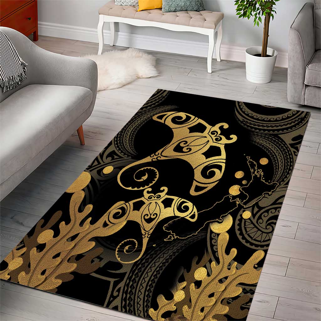 Black And Gold Aotearoa Whai Area Rug NZ Stingrays Maori Curves Style