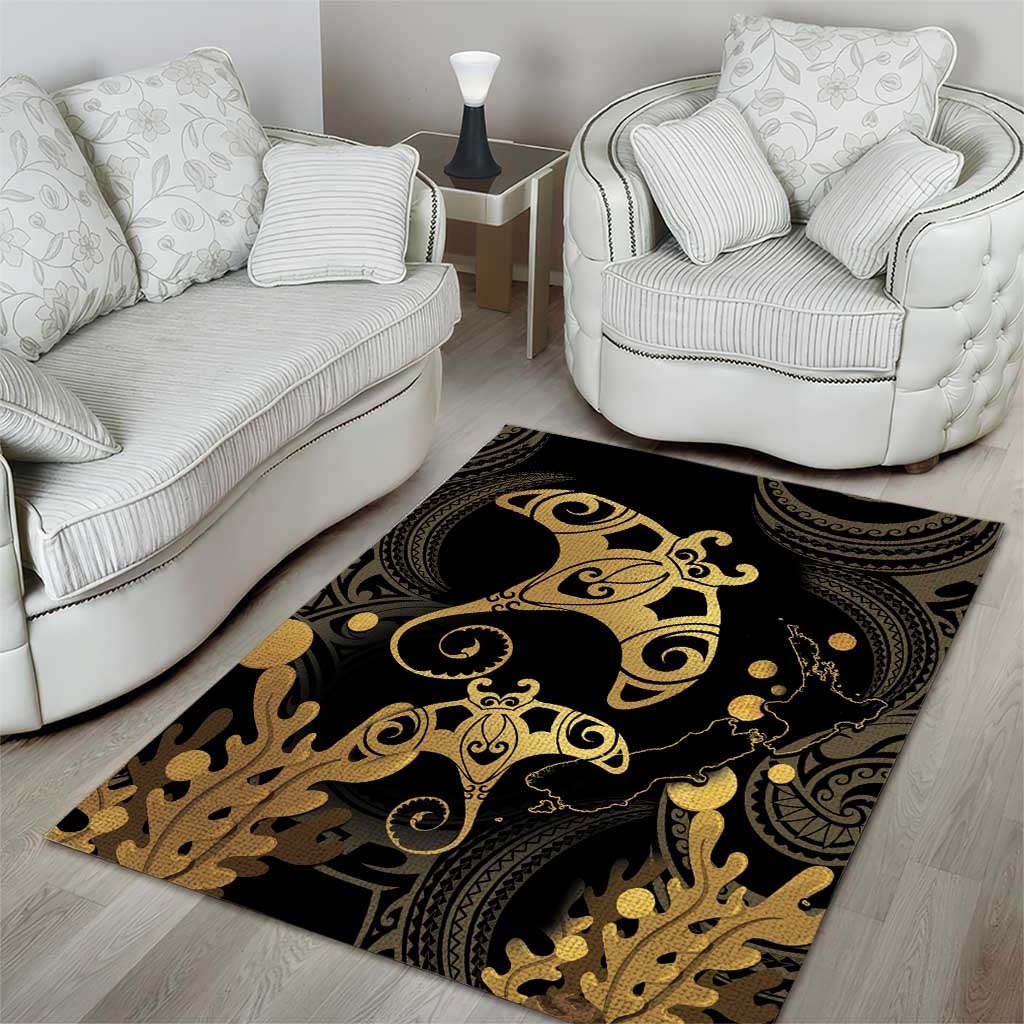 Black And Gold Aotearoa Whai Area Rug NZ Stingrays Maori Curves Style