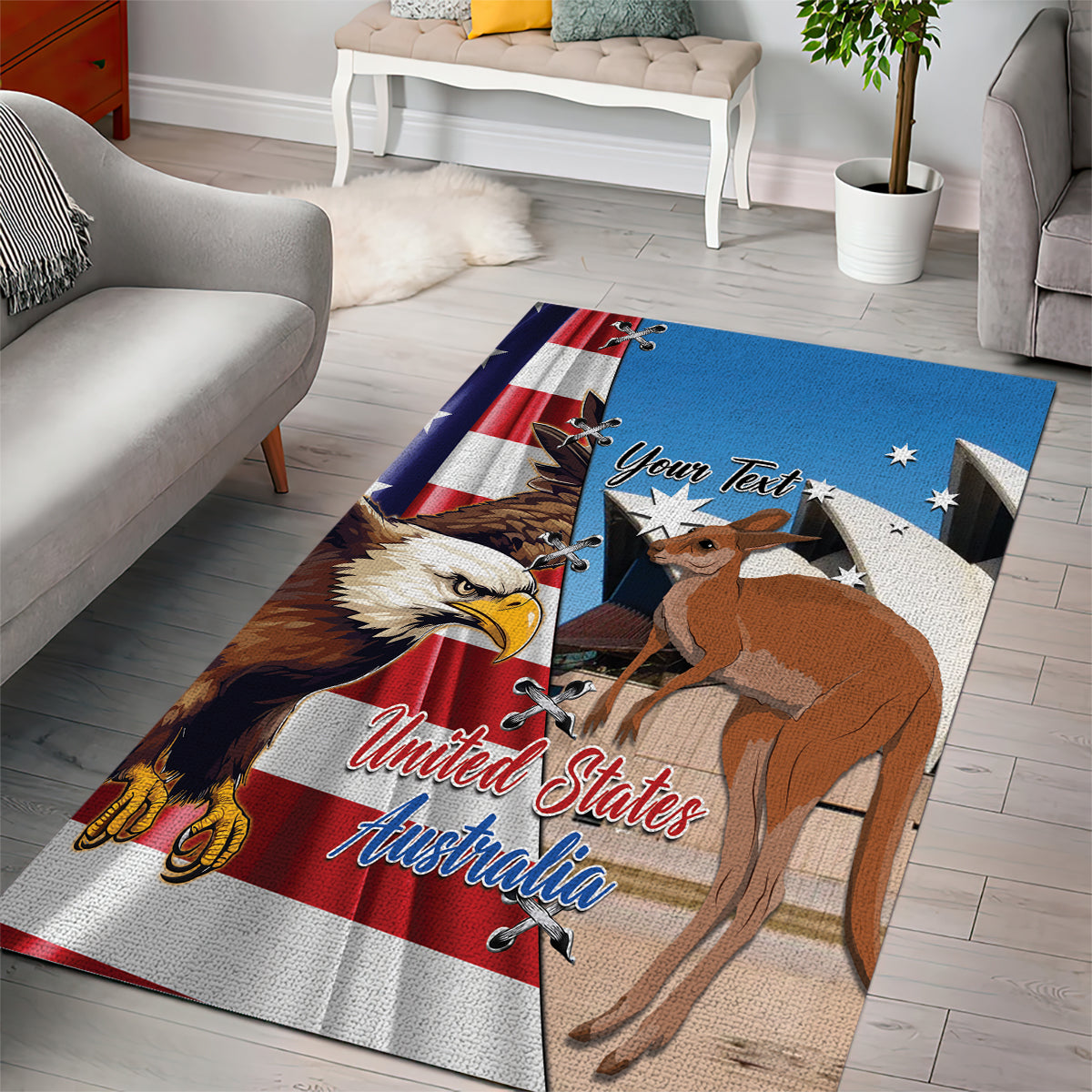 Personalised United States And Australia Area Rug USA Eagle With Aussie Kangaroo