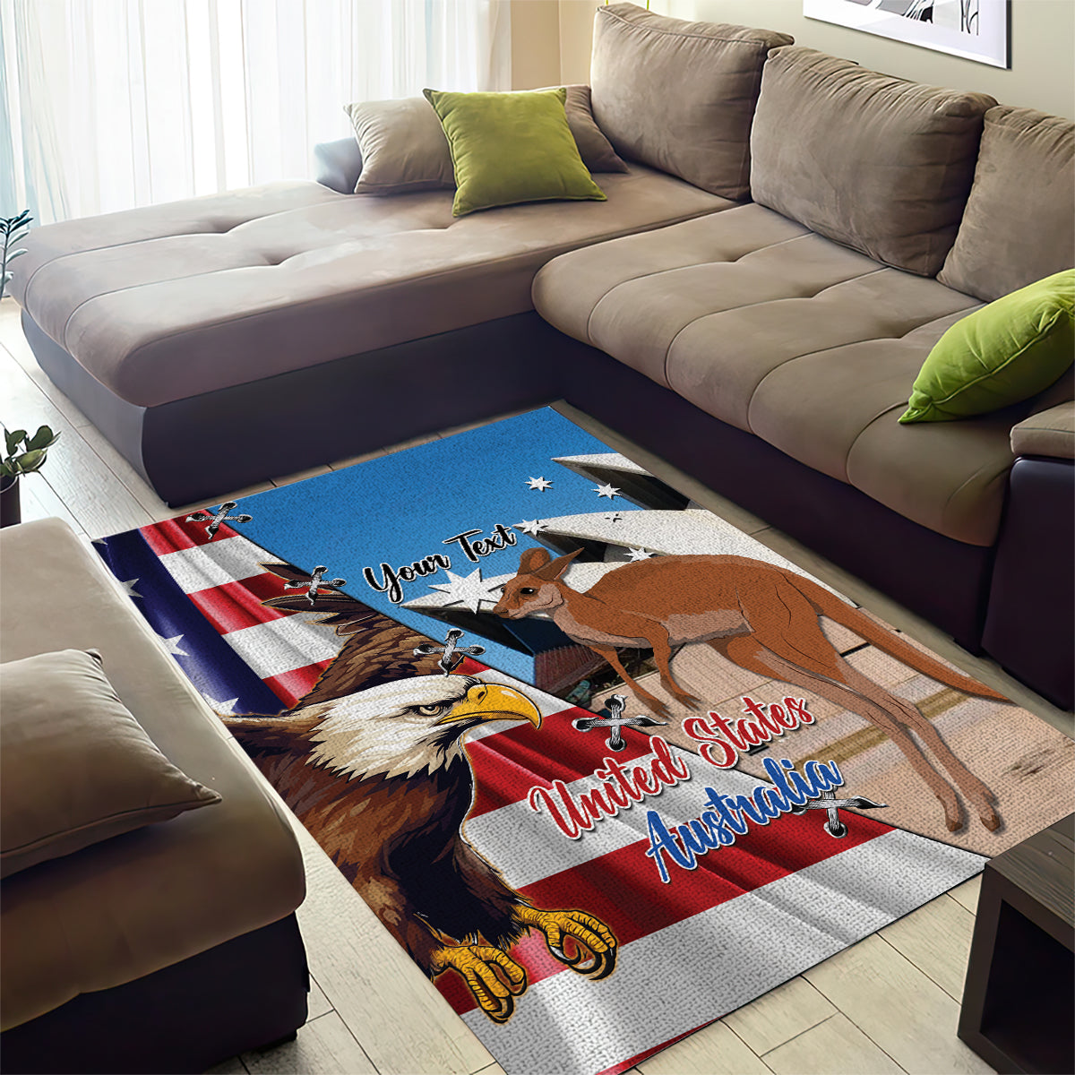 Personalised United States And Australia Area Rug USA Eagle With Aussie Kangaroo