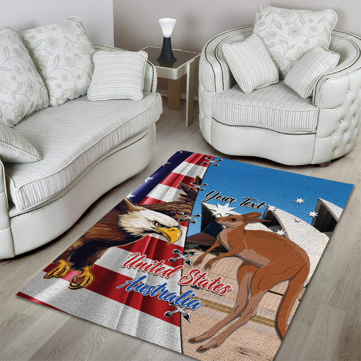 Personalised United States And Australia Area Rug USA Eagle With Aussie Kangaroo