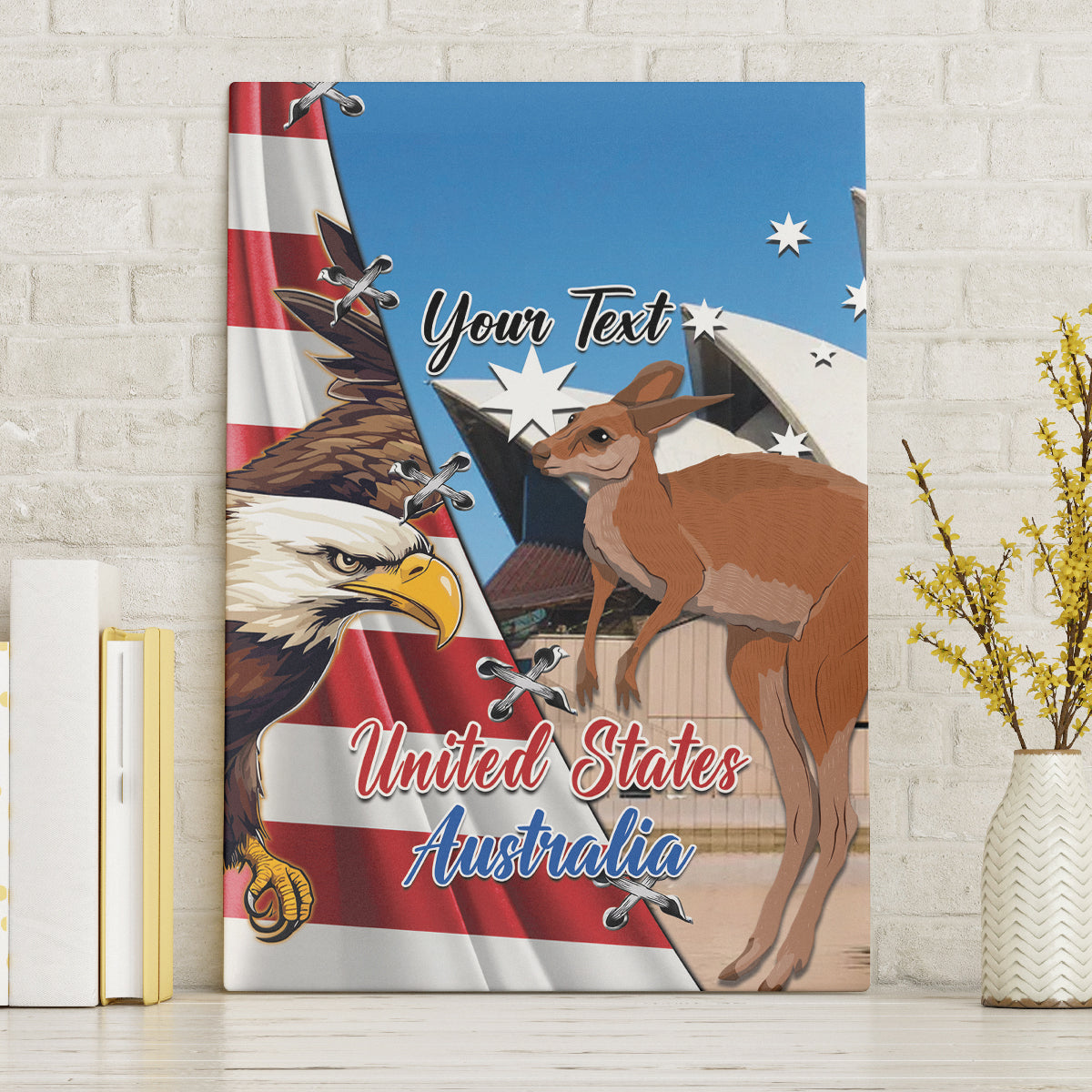 Personalised United States And Australia Canvas Wall Art USA Eagle With Aussie Kangaroo