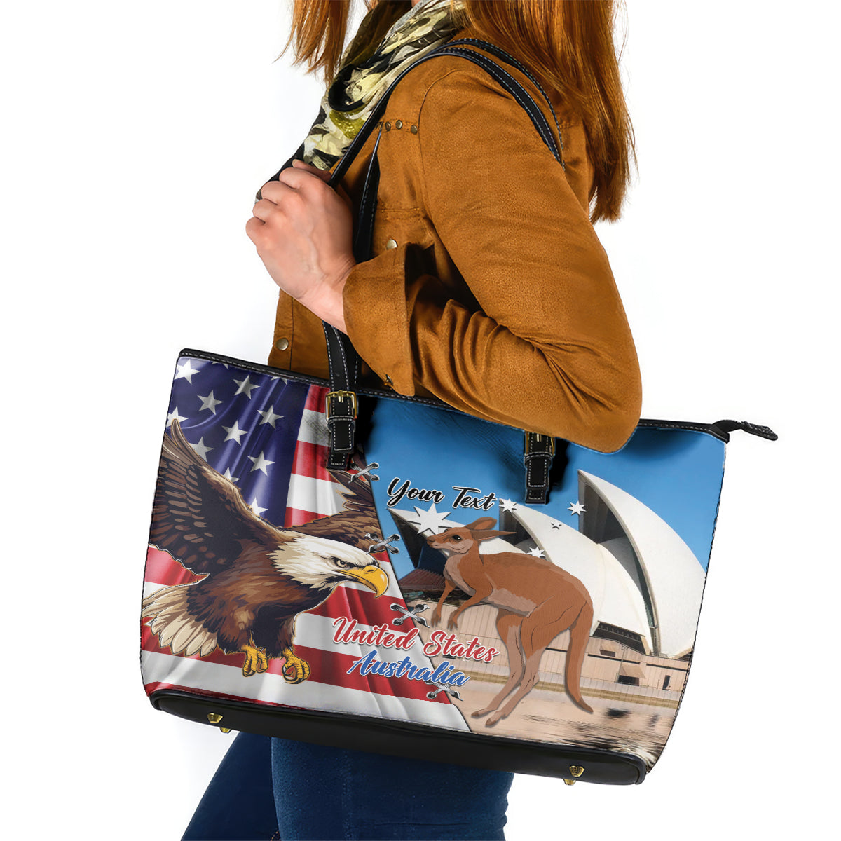 Personalised United States And Australia Leather Tote Bag USA Eagle With Aussie Kangaroo