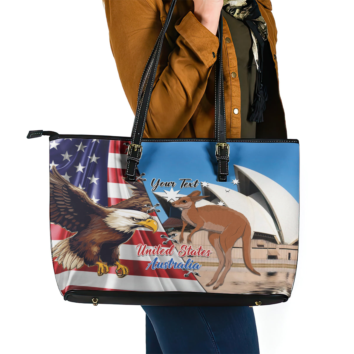 Personalised United States And Australia Leather Tote Bag USA Eagle With Aussie Kangaroo